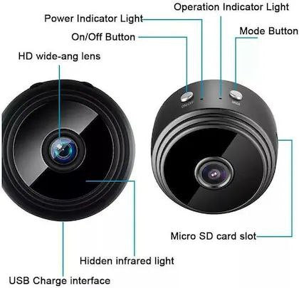 A compact wireless WiFi security camera with a black and white exterior, showing the camera itself, the magnetic mount, and a smartphone displaying the camera's view.