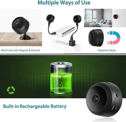 A compact wireless WiFi security camera with a black and white exterior, showing the camera itself, the magnetic mount, and a smartphone displaying the camera's view.