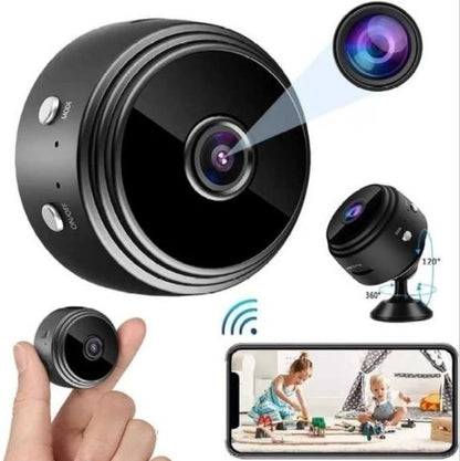 A compact wireless WiFi security camera with a black and white exterior, showing the camera itself, the magnetic mount, and a smartphone displaying the camera's view.