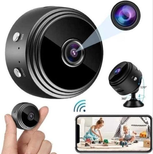 A compact wireless WiFi security camera with a black and white exterior, showing the camera itself, the magnetic mount, and a smartphone displaying the camera's view.