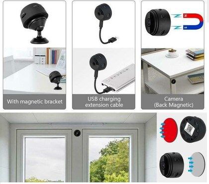 A compact wireless WiFi security camera with a black and white exterior, showing the camera itself, the magnetic mount, and a smartphone displaying the camera's view.