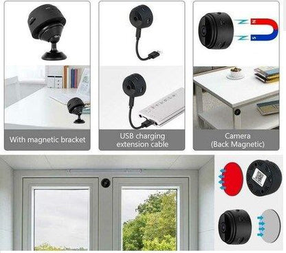 A compact wireless WiFi security camera with a black and white exterior, showing the camera itself, the magnetic mount, and a smartphone displaying the camera's view.
